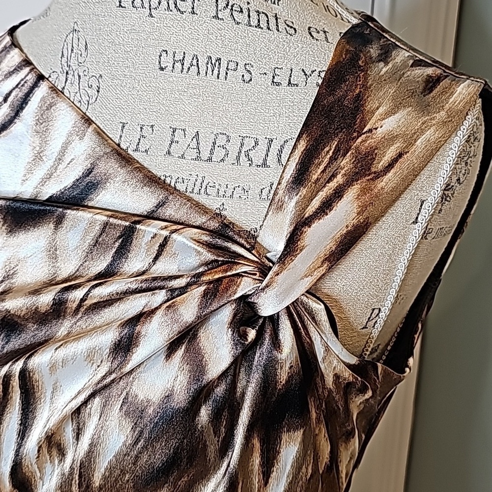 Maggie London Brown Tan Cream Faux Wrap Pleated Formal Party Dress - Size 12 - Picture 5 of 9